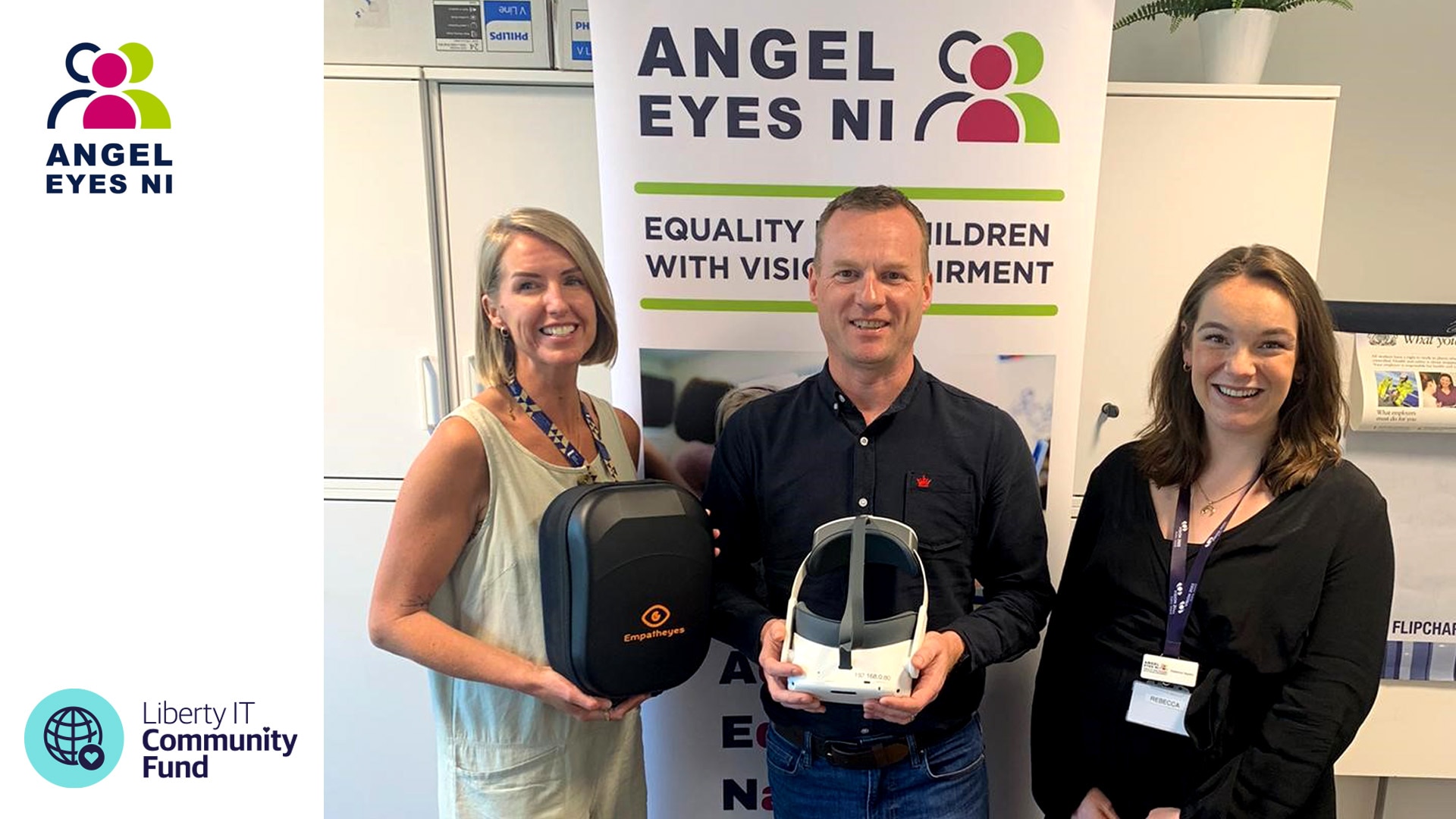 Photo of Angel Eyes and Liberty IT employees holding VR headsets