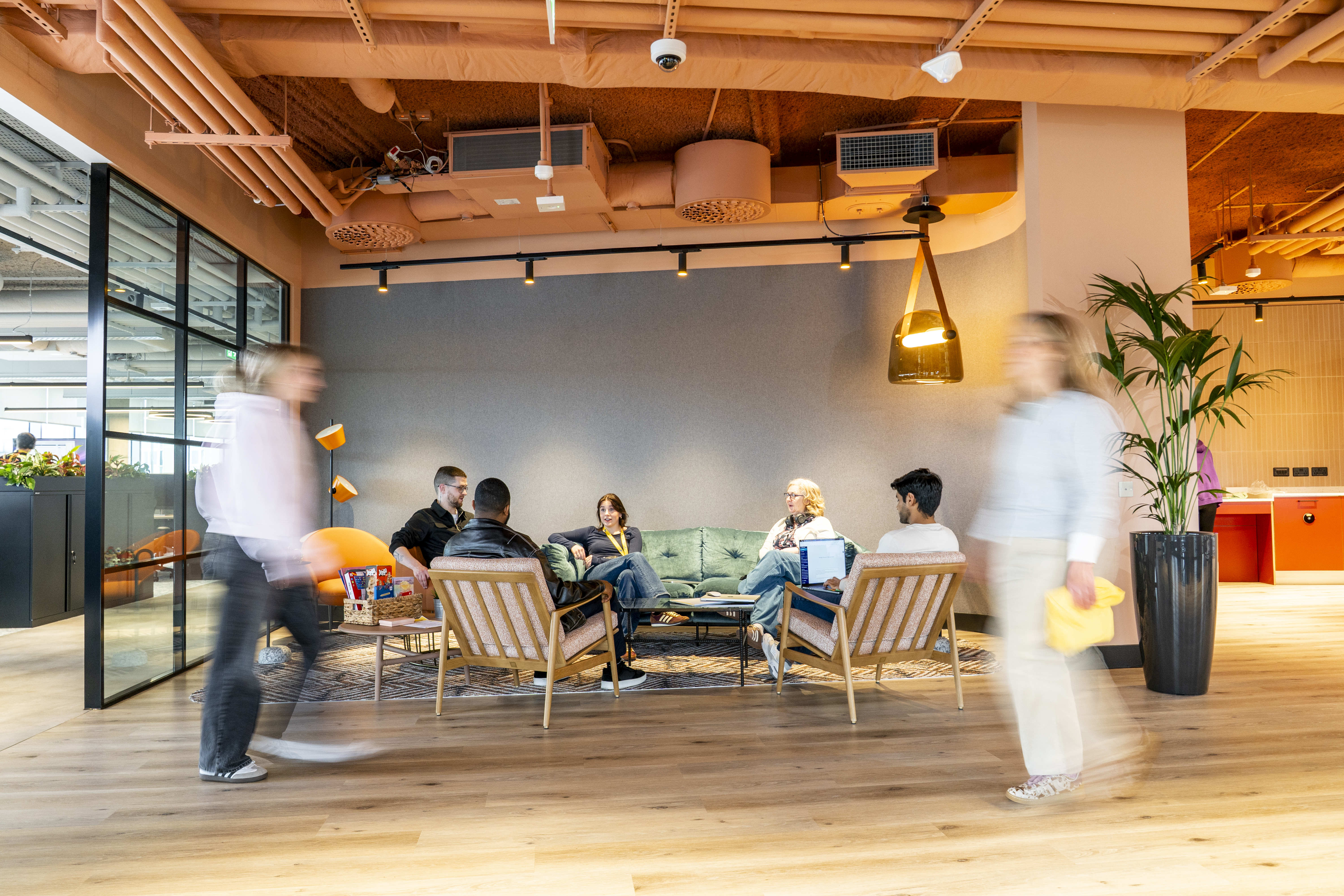 Interior view of the Liberty IT Galway office ceiling and workspace lighting.