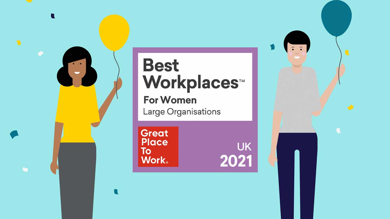 Best Workplaces for Women 2021 logo and illustration of two people