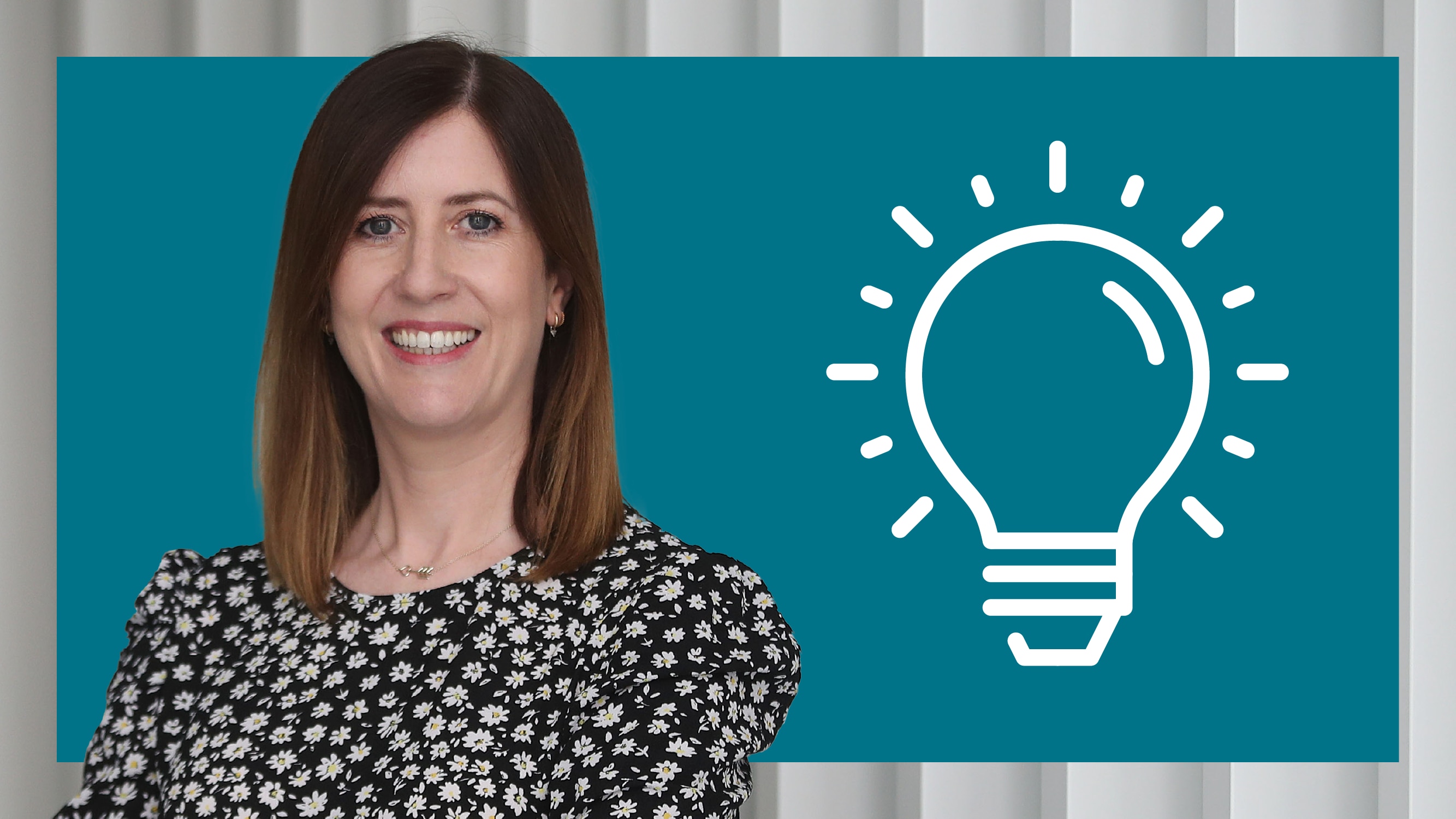 Picture of Claire smiling and lightbulb icon