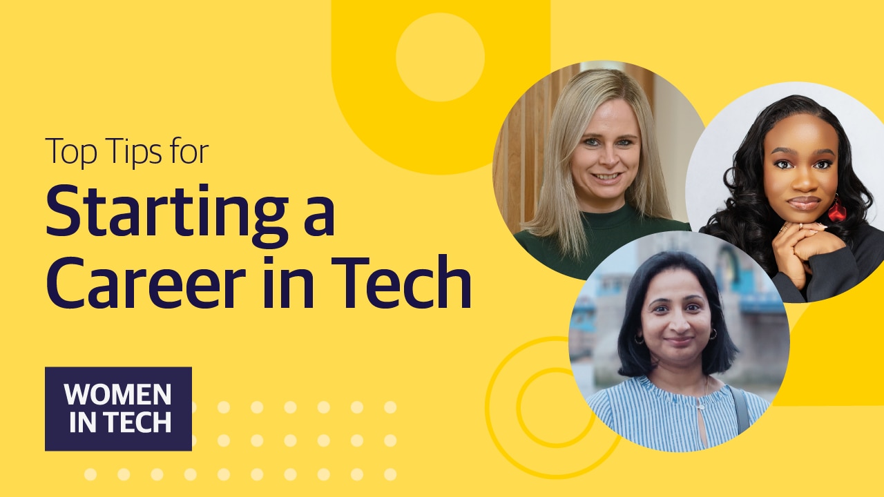 Top tips for Starting a Career in Tech with photos of three employees