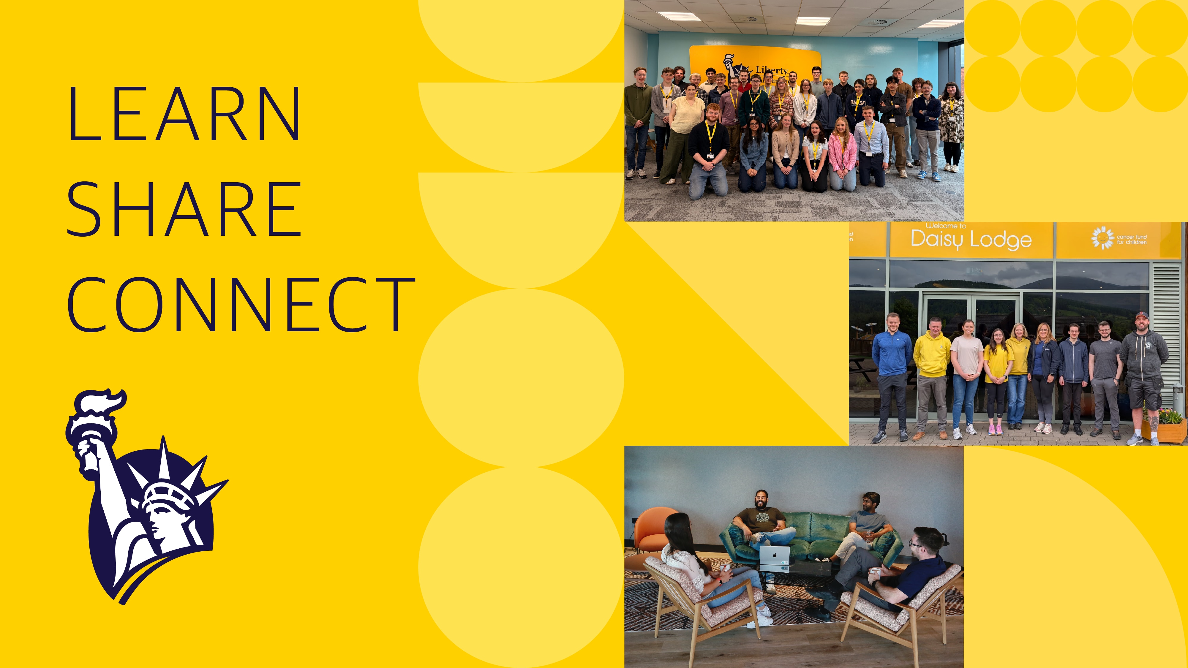 Yellow banner with words Learn, Share, Connect and three group photos of employees
